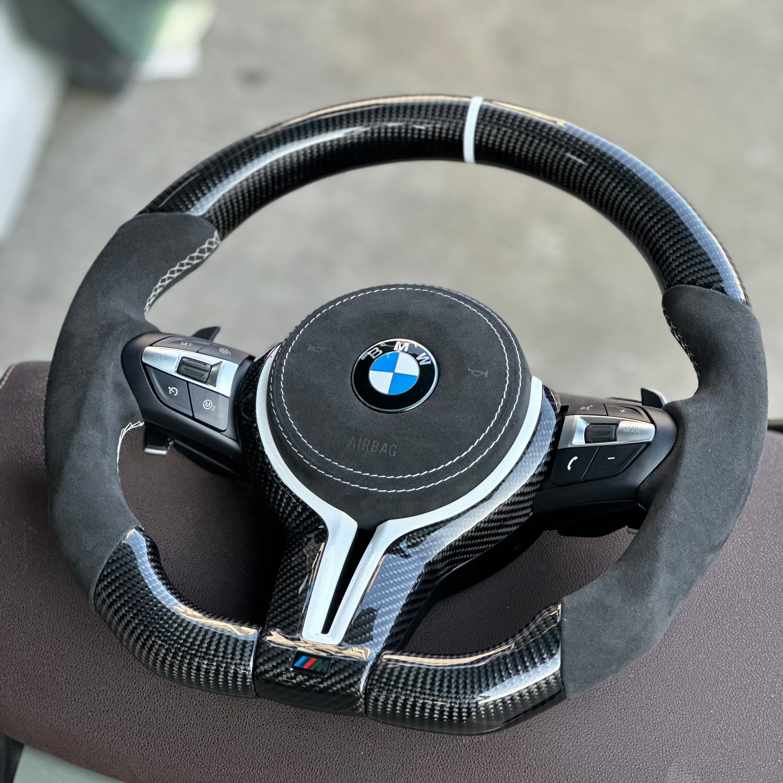 Alcantara Carbon Fiber with White Trim , White Stripe Steering Wheel For BMW F Series