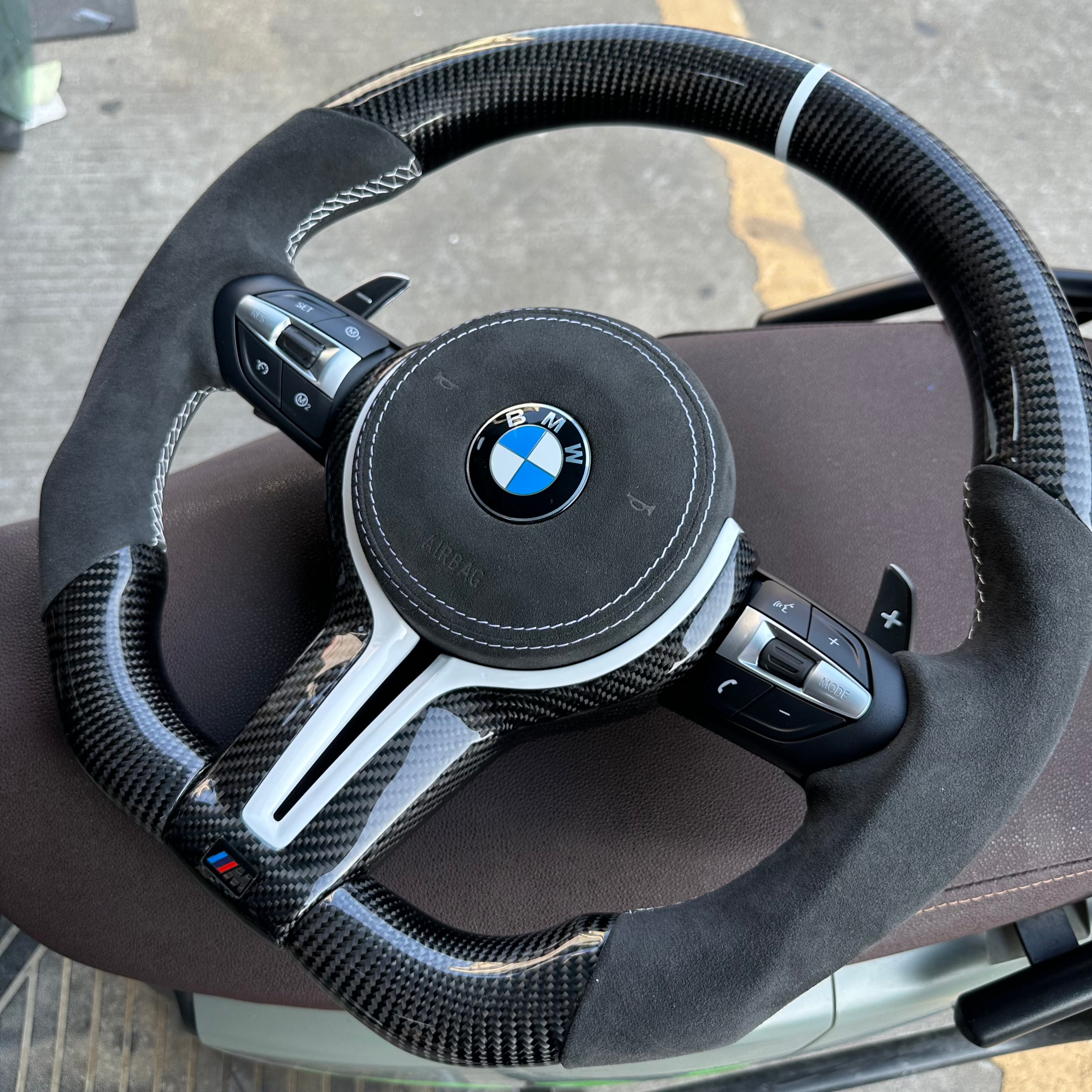 Alcantara Carbon Fiber with White Trim , White Stripe Steering Wheel For BMW F Series