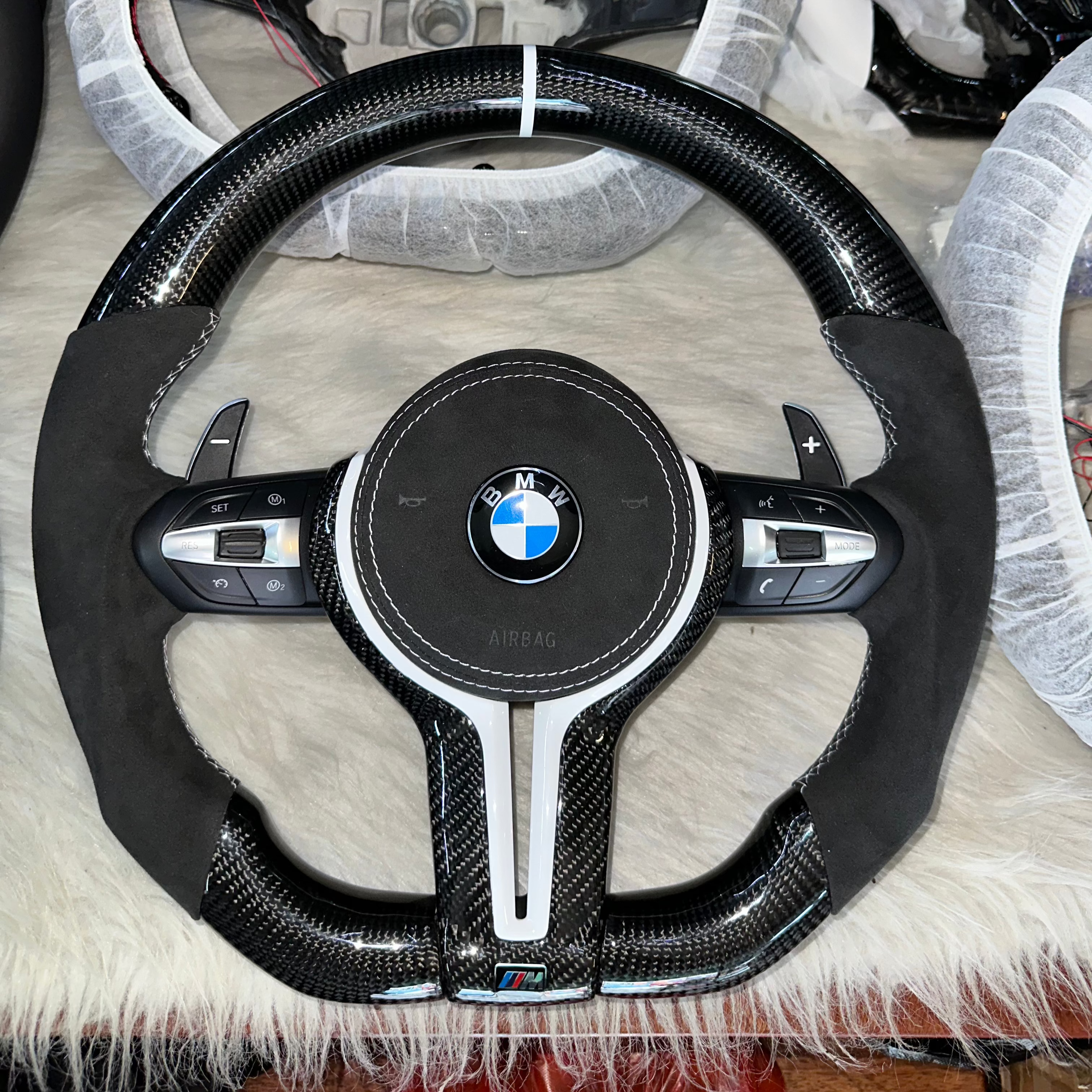 Alcantara Carbon Fiber with White Trim , White Stripe Steering Wheel For BMW F Series